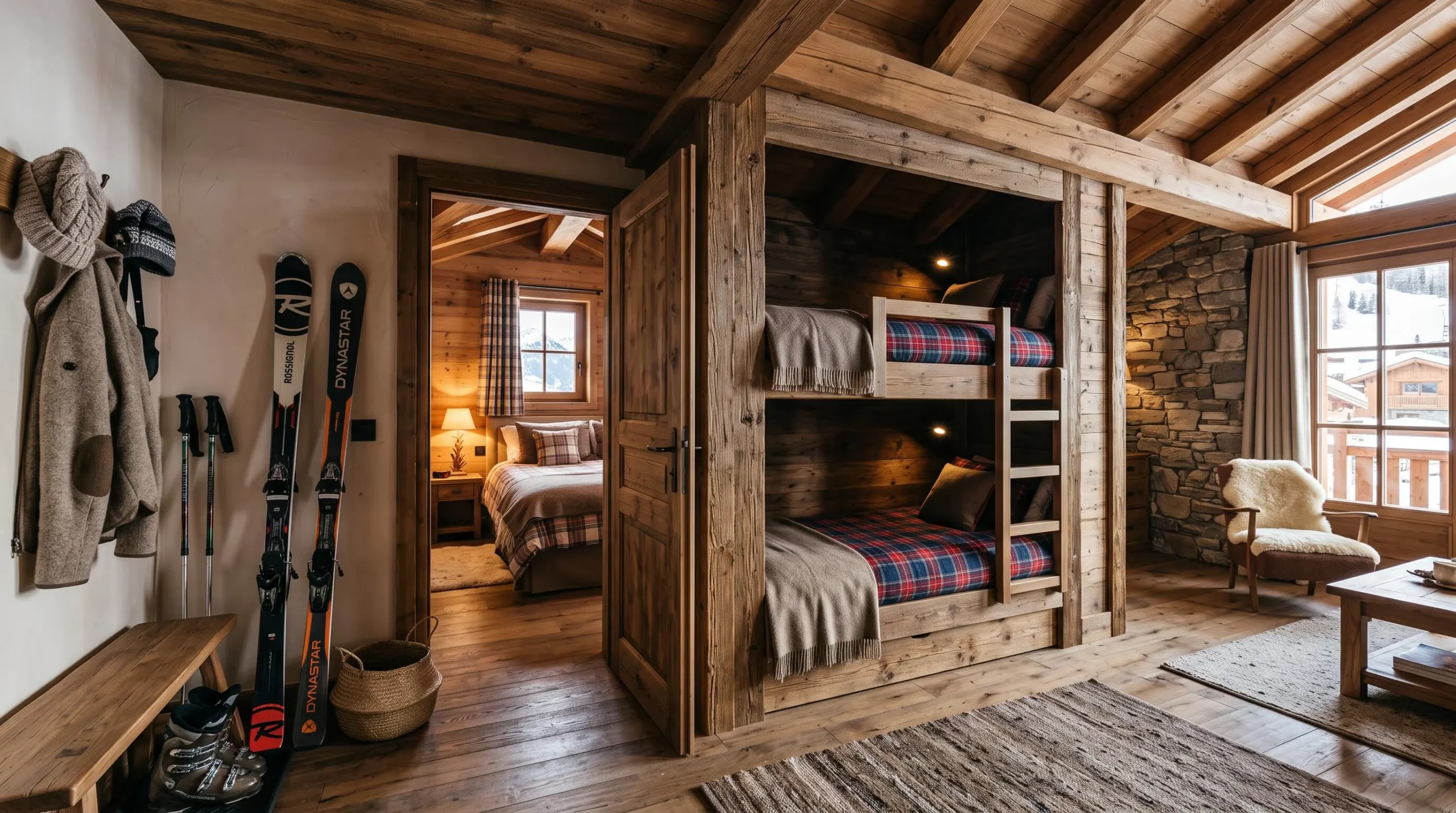 Intérieur de chalet montrant une chambre fermée et un coin nuit avec lits superposés.