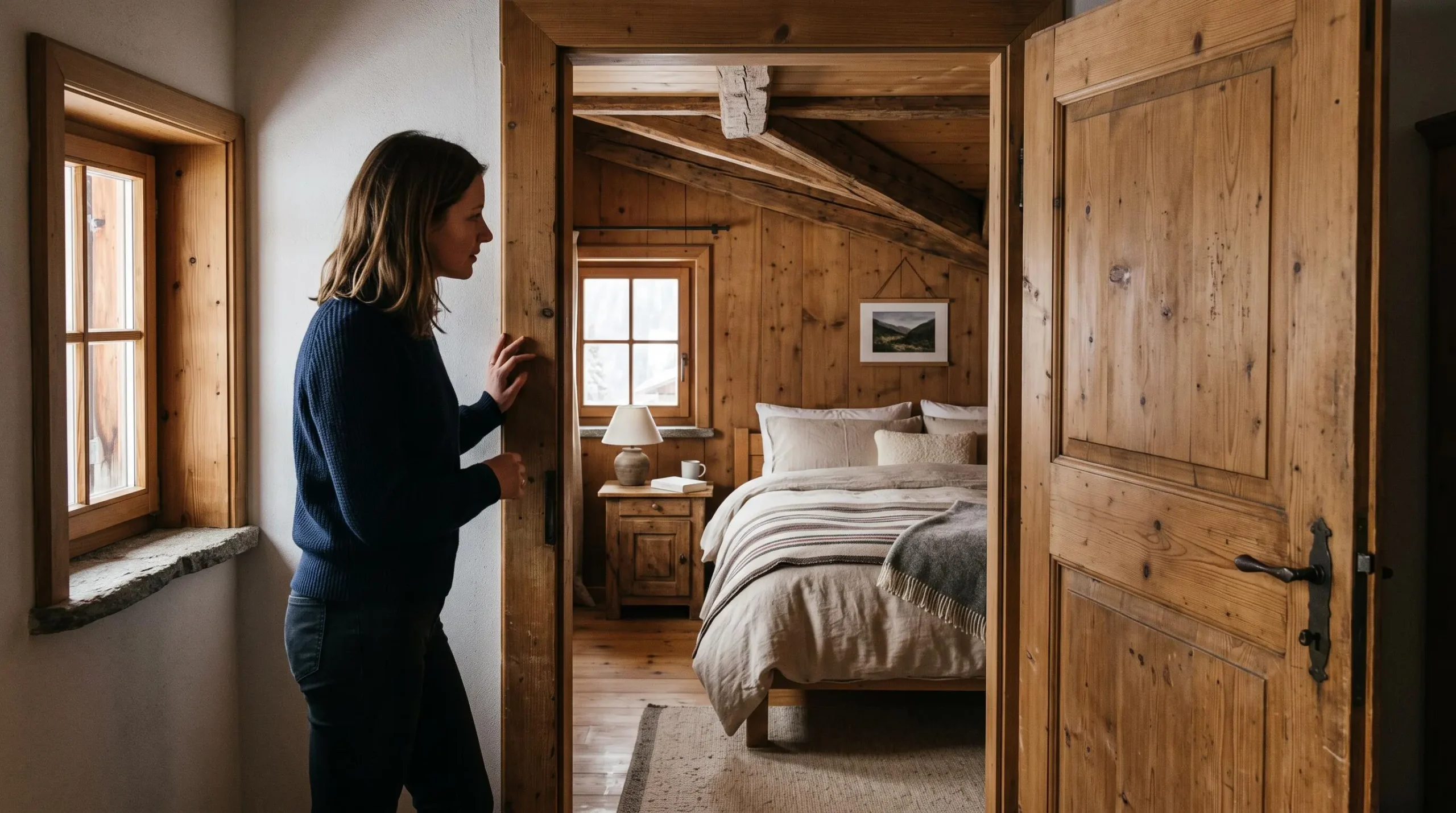 Une femme inspecte une vraie chambre fermée par une porte dans un appartement de montagne.
