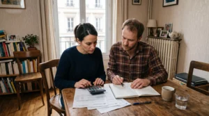 Un couple examine son budget familial à table avec une calculatrice et des relevés bancaires.