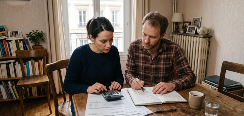 Un couple examine son budget familial à table avec une calculatrice et des relevés bancaires.