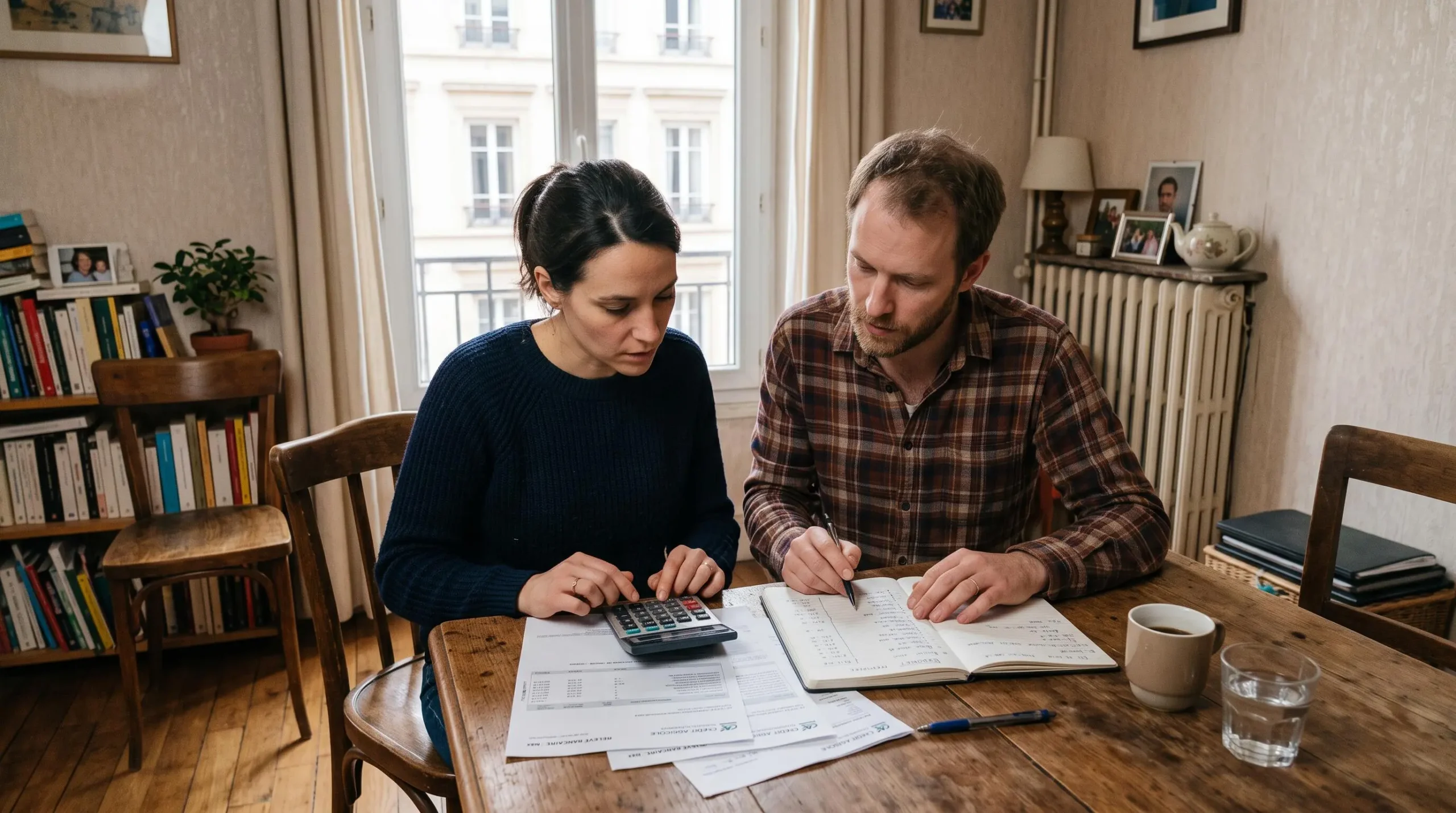 Un couple examine son budget familial à table avec une calculatrice et des relevés bancaires.