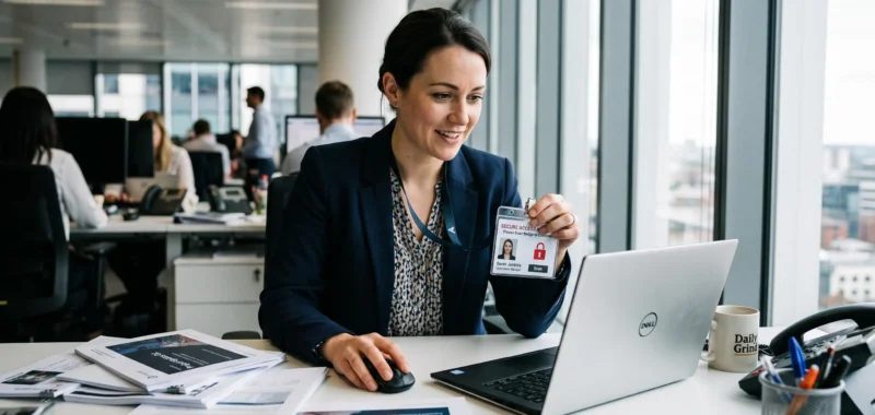 Une employée ouvre une notification électronique sur son ordinateur au bureau.