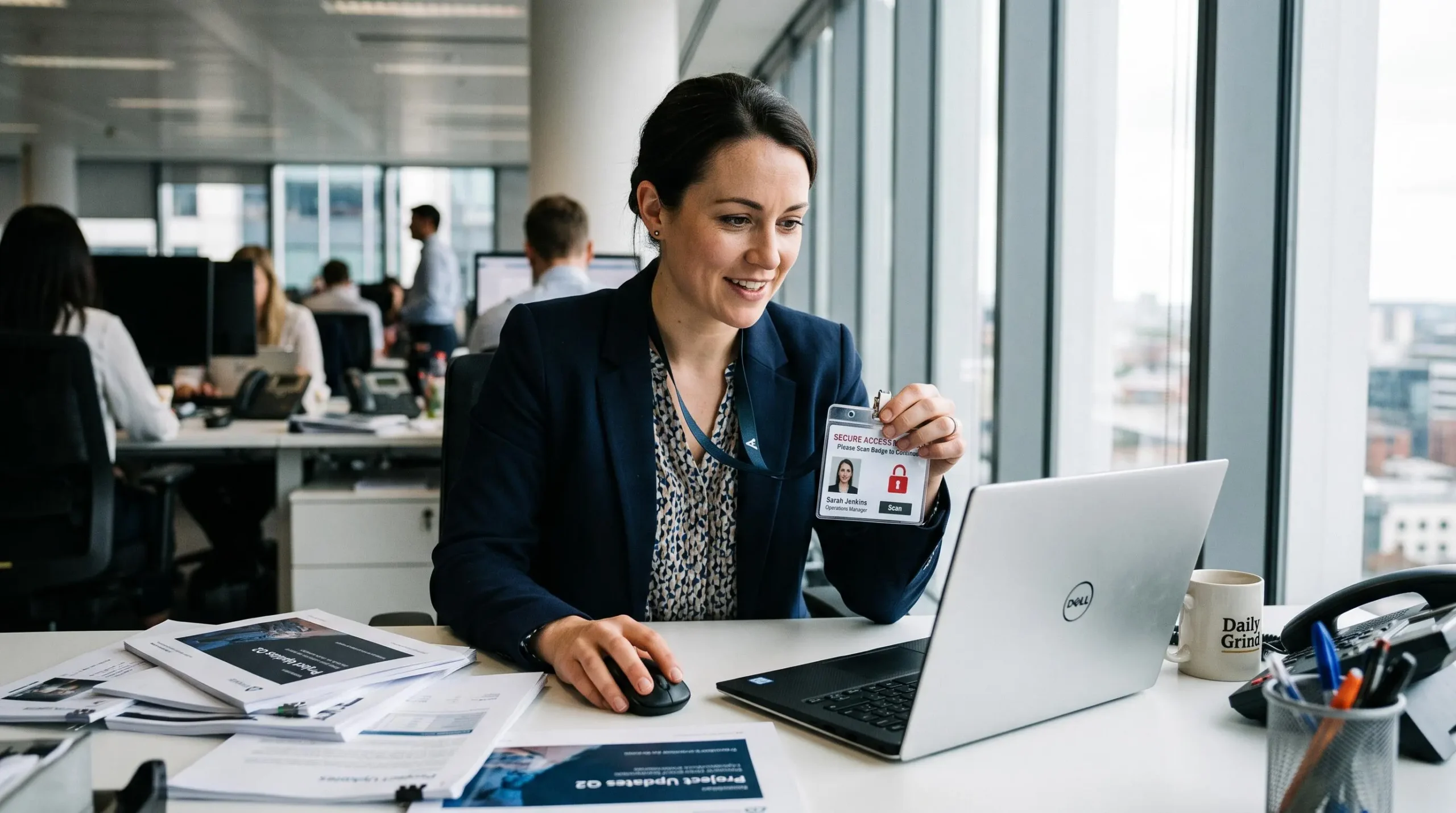 Une employée ouvre une notification électronique sur son ordinateur au bureau.