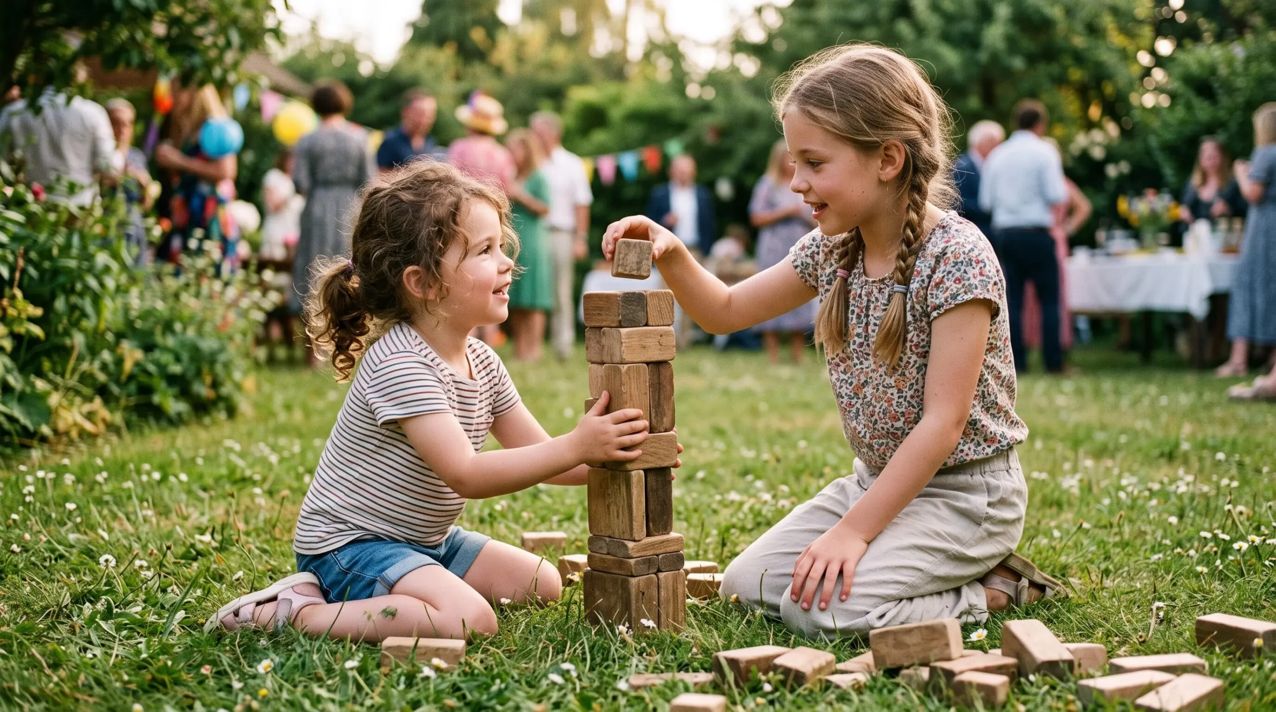Deux enfants d'âges différents construisent ensemble une tour en bois sur l'herbe.
