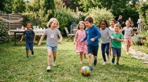 Des enfants jouent ensemble à un jeu de course dans un jardin lors d'un anniversaire.