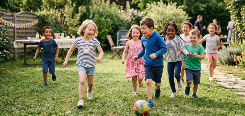 Des enfants jouent ensemble à un jeu de course dans un jardin lors d'un anniversaire.