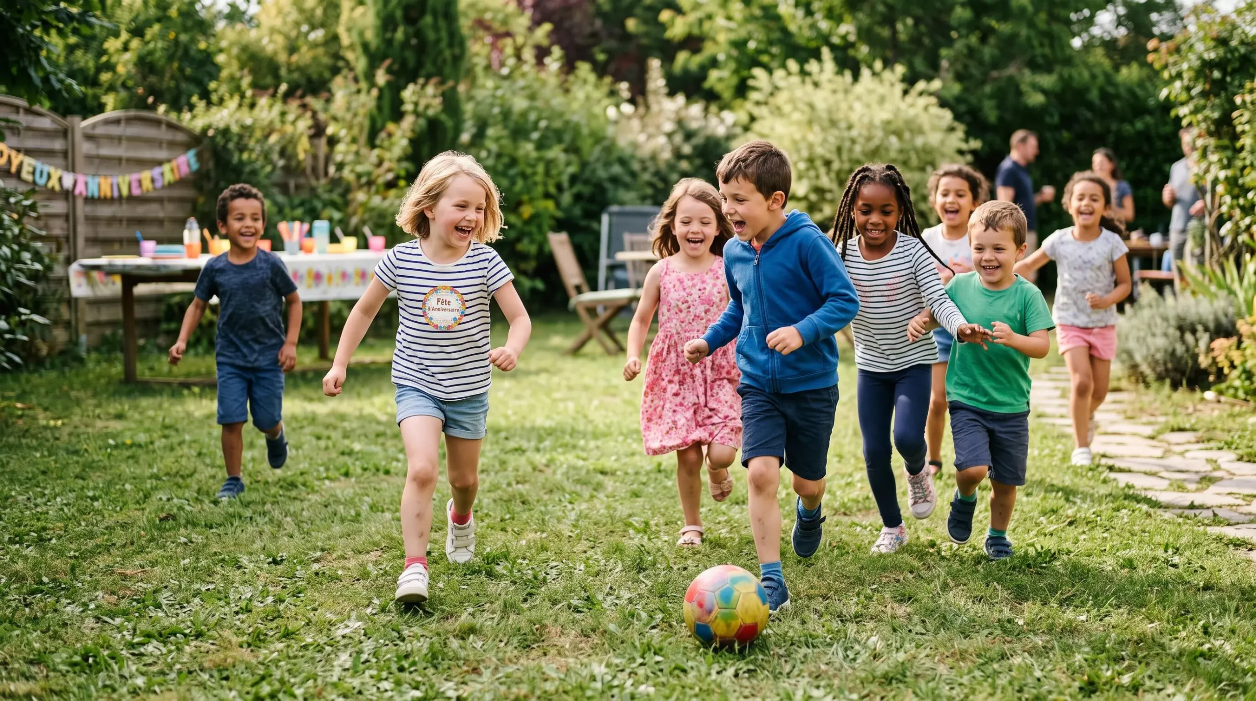 Des enfants jouent ensemble à un jeu de course dans un jardin lors d'un anniversaire.