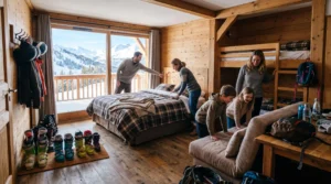 Une famille découvre l'agencement des lits d'un appartement de montagne à La Plagne.