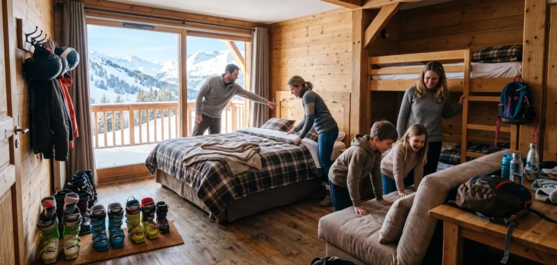 Une famille découvre l'agencement des lits d'un appartement de montagne à La Plagne.