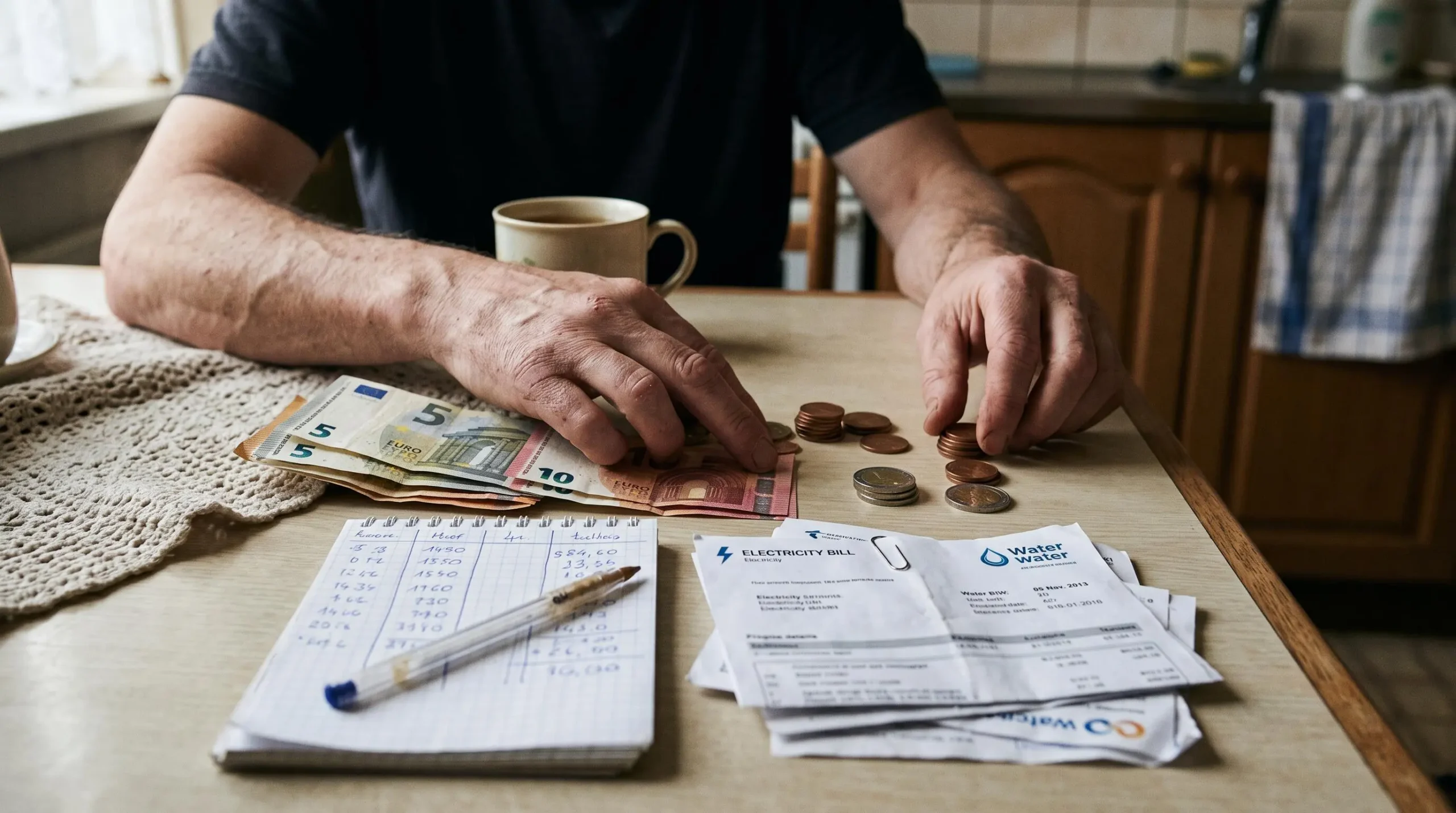 Des mains comptent des billets et des pièces en euros sur une table de cuisine.