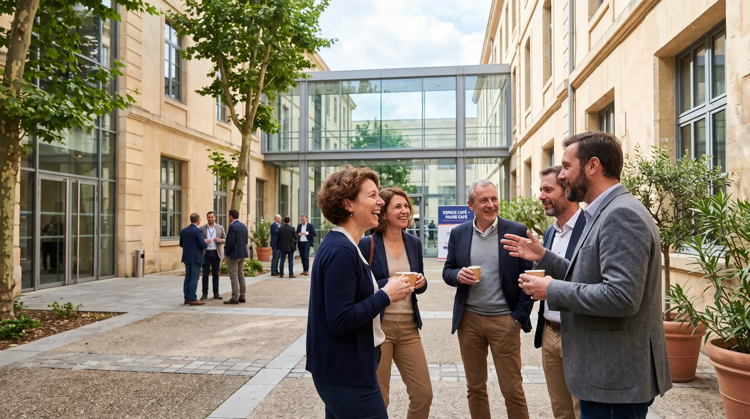 Des collaborateurs discutent debout dans une cour pendant une pause de séminaire.