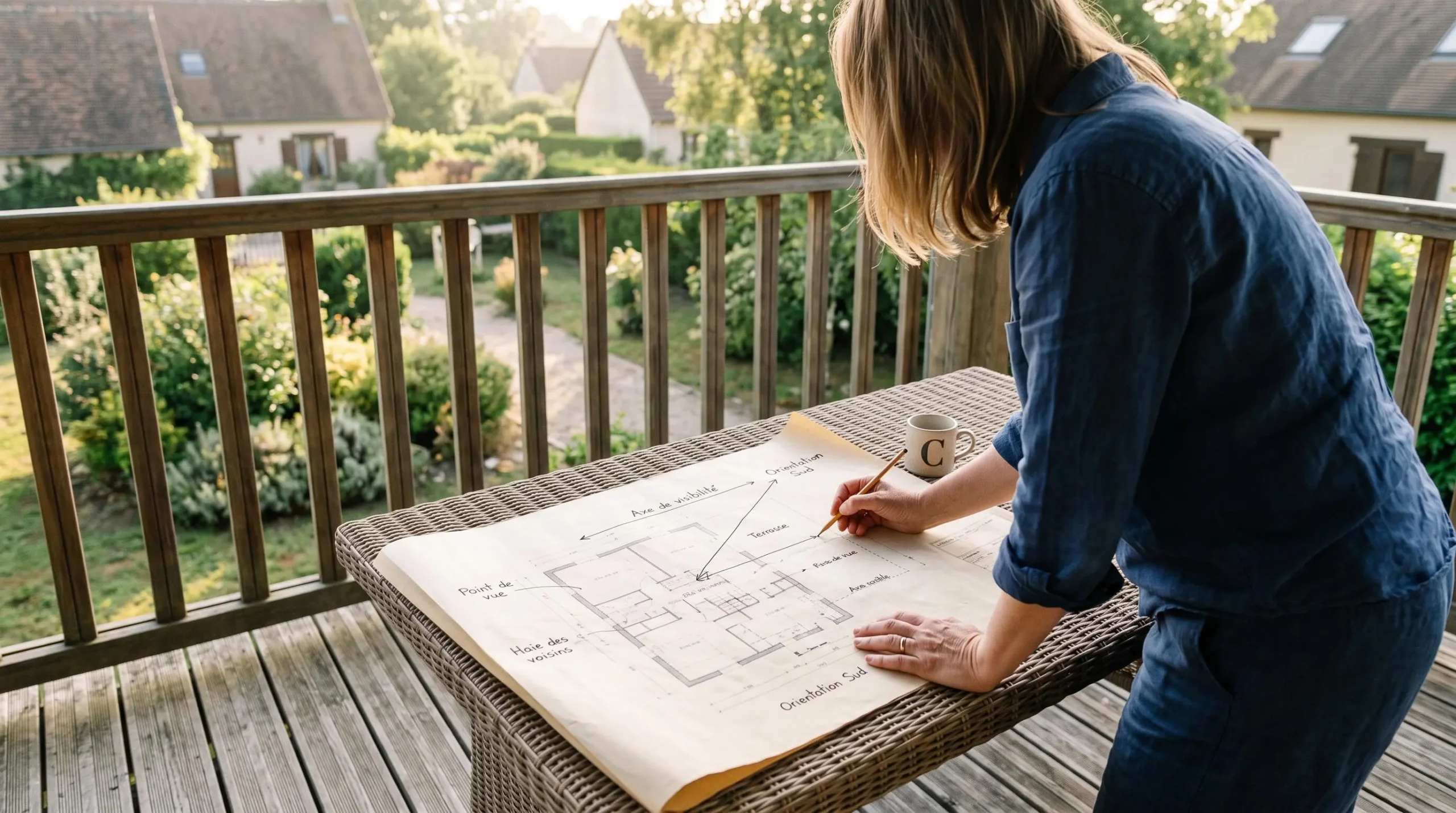 Une personne reporte sur un plan les axes de visibilité depuis sa terrasse.