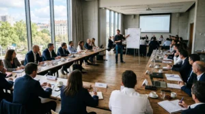 Participants d'un séminaire d'entreprise assis en U autour d'une table lumineuse.