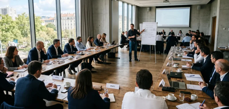 Participants d'un séminaire d'entreprise assis en U autour d'une table lumineuse.
