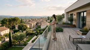 Une personne observe les lignes de vue depuis une terrasse surélevée en bois.