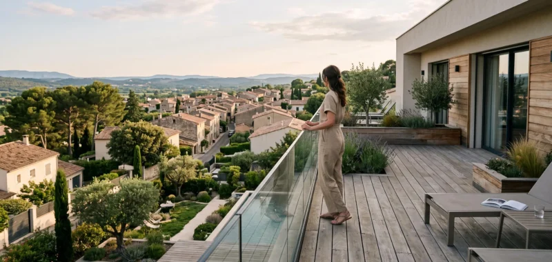 Une personne observe les lignes de vue depuis une terrasse surélevée en bois.