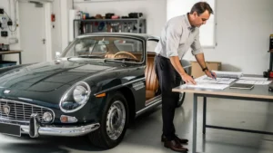 Propriétaire d'une voiture de collection vérifiant les documents administratifs dans un garage.