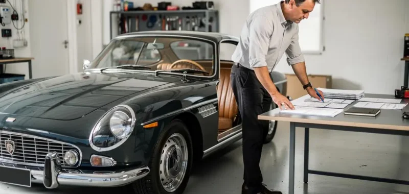 Propriétaire d'une voiture de collection vérifiant les documents administratifs dans un garage.