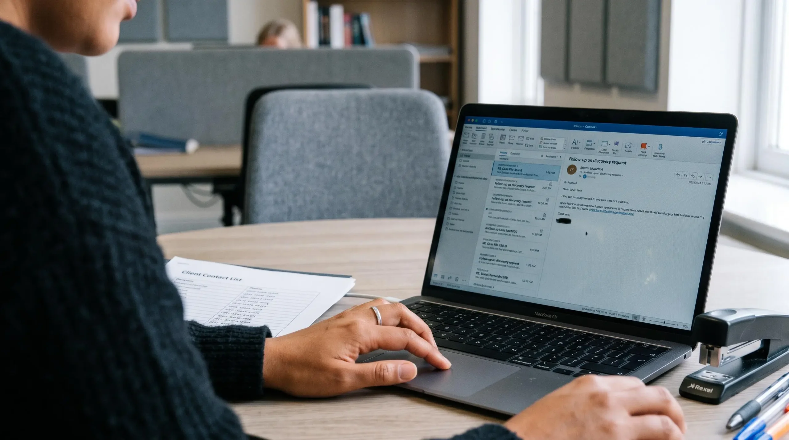 Une main vérifie un courrier électronique reçu sur un ordinateur portable.